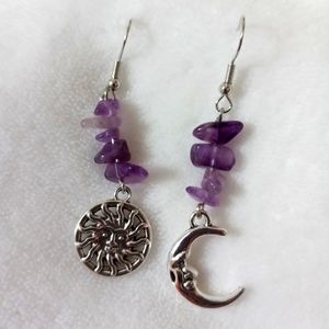 Gothic Sun Crescent Moon Purple silver tone Earrings
